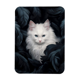 Cute Hårig White Cat Sitta bland Löven Magnet