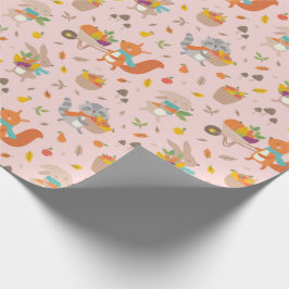 Cute Harvest Fall animals with egetation on rosa Presentpapper