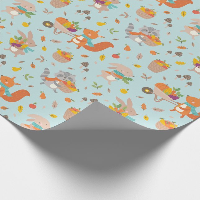 Cute Harvest Fall animals with green on blue Presentpapper (Hörn)