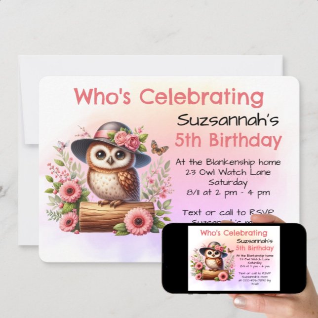 Cute Hat i Uggla Sitta på en logg Inbjudningar (print and instant download birthday template invitation)