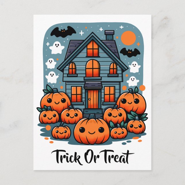 Cute Haunted House Halloween Pumpkins Spöken & Fla Vykort (Framsida)