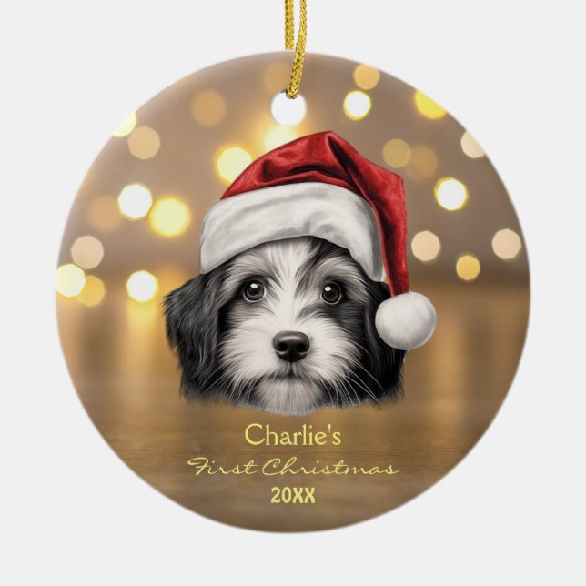 Cute Havanese Hund Santa Hat 1:a jul Julgransprydnad Keramik (Framsidan)