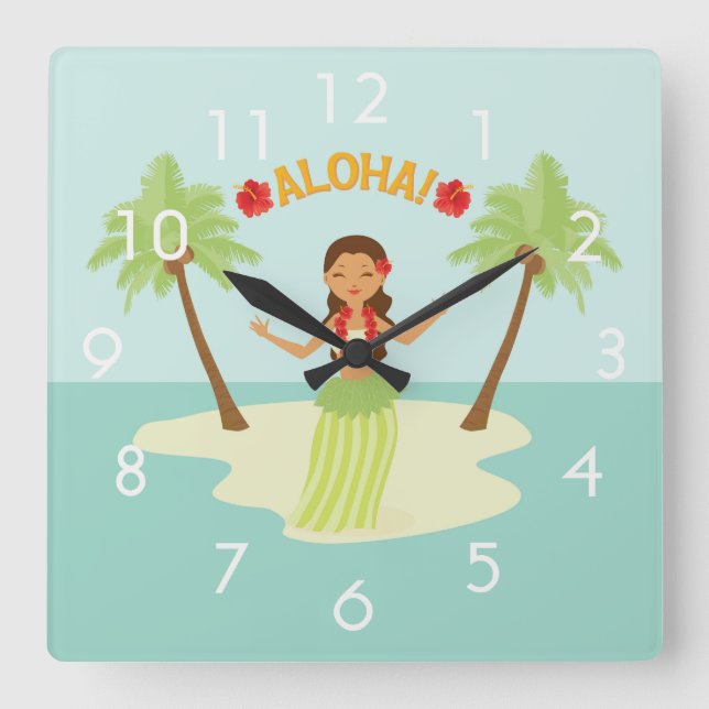 Cute Hawaiian Hula Girl Luau Clock med nummer Fyrkantig Klocka (Framsida)