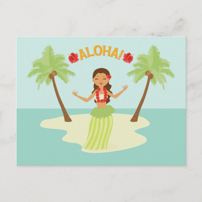 Cute Hawaiian Hula Girl Luau Handflatan Träd Islan Vykort (Framsida)