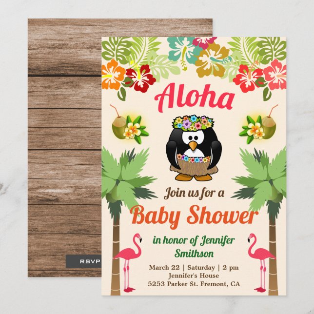 Cute Hawaiian Penguin Luau Baby Shower-inbjudan Inbjudningar (Fram/baksida)