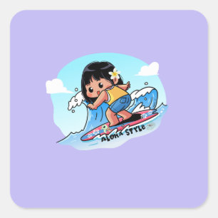Cute Hawaiian Surfer Girl Fyrkantigt Klistermärke