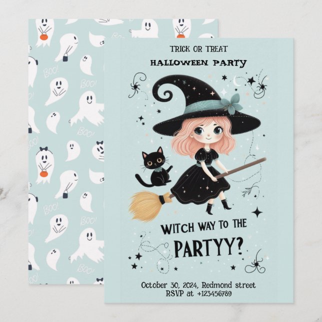 Cute häxa med Halloween Pun party Inbjudningar (Fram/baksida)
