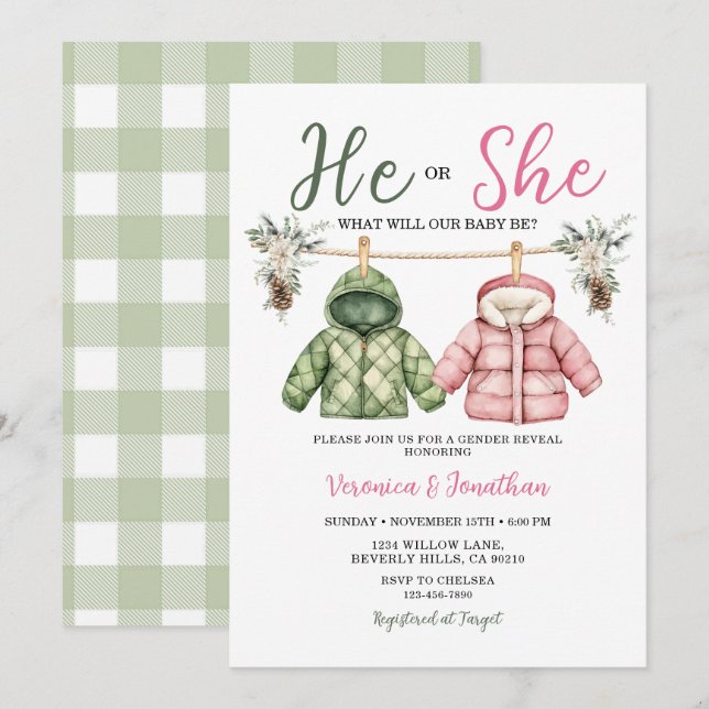Cute He or she Winter Clothes Gender Reveal Floral Inbjudningar (Fram/baksida)