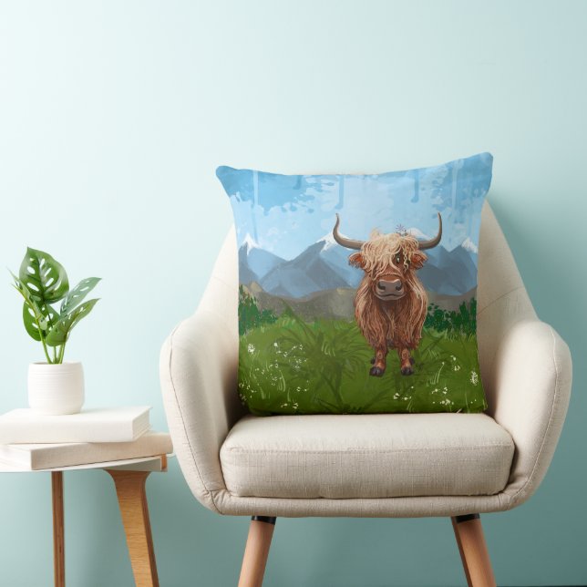 Cute Head och Svan Highland Cow Kudde (Stol)