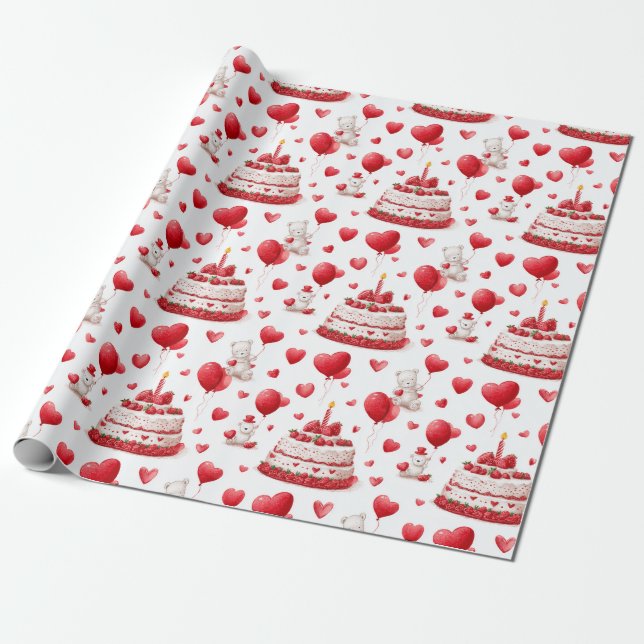 Cute Heart Birthday, Valentine Celebration Pattern Presentpapper (Utrullad)