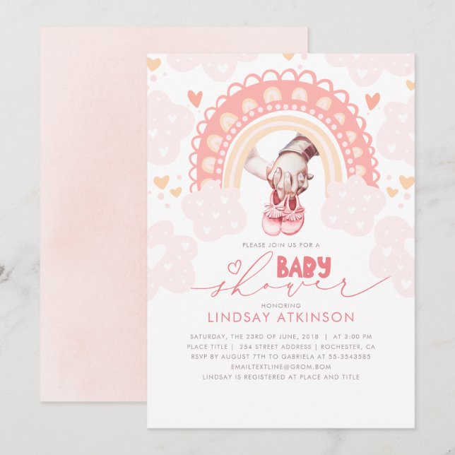 Cute Heart Boho Rainbow Rosa Baby Shower Inbjudningar (Fram/baksida)