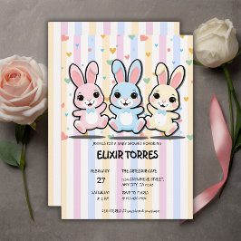 Cute Heart Bunny Hoppers Baby Shower Inbjudningar