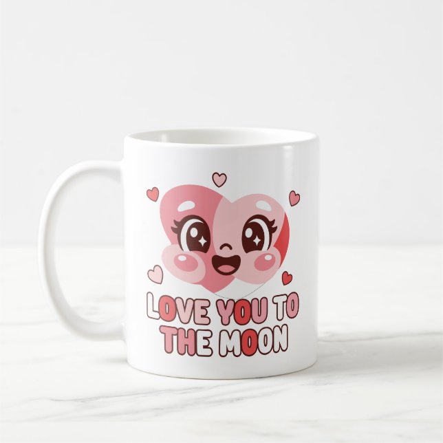 Cute Heart Character Love You To The Moon Kaffemugg (Vänster)