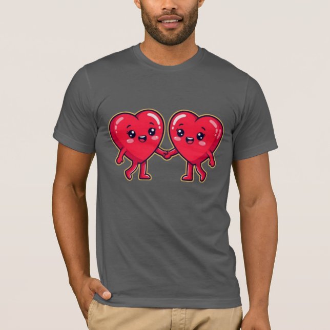 Cute Heart Characters Holding Hands T Shirt (Framsida)