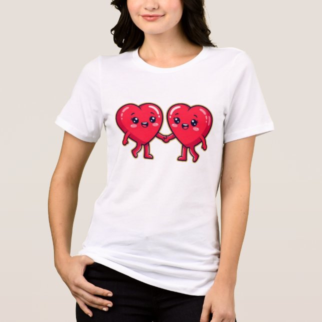 Cute Heart Characters Holding Hands T Shirt (Framsida)