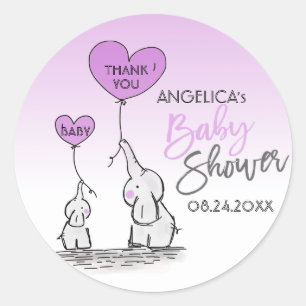 Cute Heart LAVENDER Elephant Mamma & Baby Shower Runt Klistermärke
