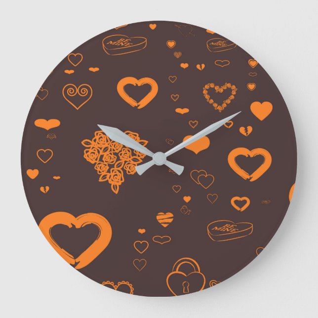 Cute Heart Modern Orange Mönster Stor Klocka (Framsida)