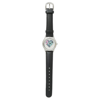 Cute Heart Notebook Black Leather Blue Rosa MODERN Armbandsur