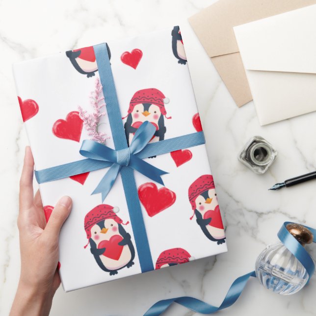 Cute Heart Penguin Winter Presentpapper (Gifting)