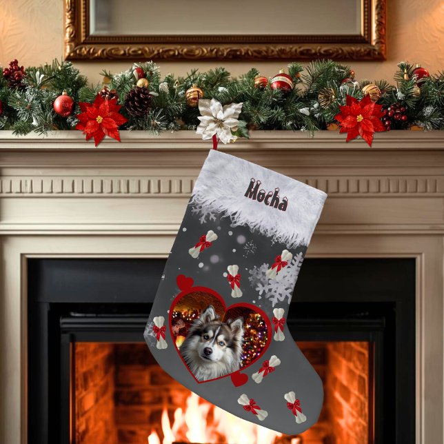 Cute Heart Pet Photo Dog Name Black Snowflake  Liten Julstrumpa (Cute Christmas stocking for pet dog with your uploaded photo inside the heart and personalized name)