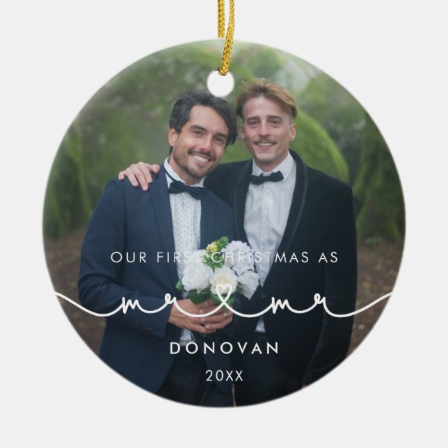 Cute Heart-teckensnitt Första jul som Mr & Mr Phot Julgransprydnad Keramik (Framsidan)