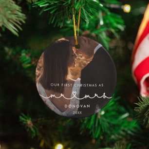 Cute Heart-teckensnitt Första jul som Mr & Mrs Pho Julgransprydnad Keramik