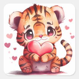 Cute Heart Tiger Valentine Fyrkantigt Klistermärke