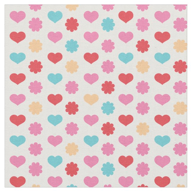 Cute Hearts and Flowers Mönster Kids Tyg (Närbild)