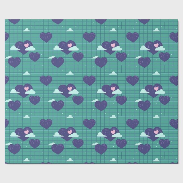 Cute Hearts Clouds Retro Grid Squares Mönster Presentpapper (Seam)