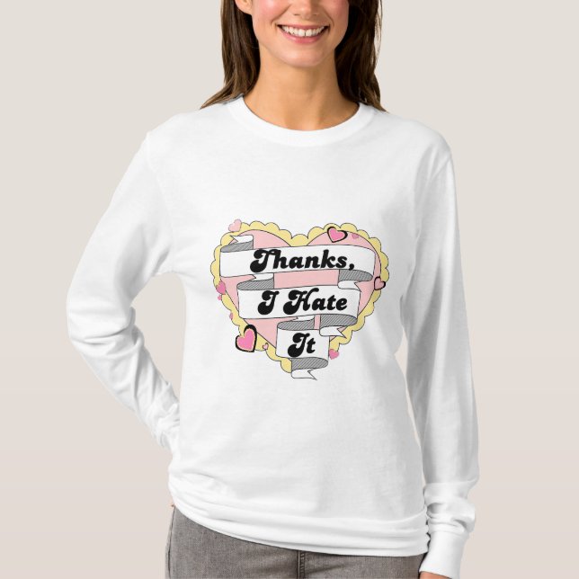 Cute Hearts Gult Snöre och Rosa Tack, jag hatar de T Shirt (Framsida)