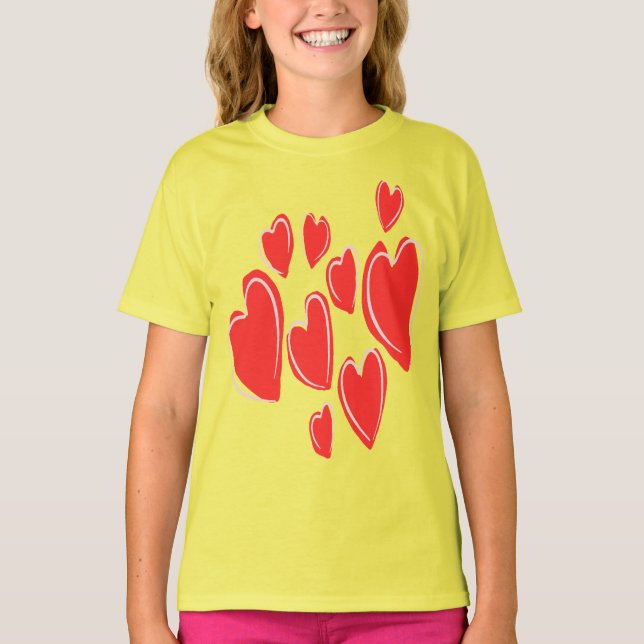 Cute Hearts Hand Drawn Deep Red Romantic Doodle T Shirt (Framsida)
