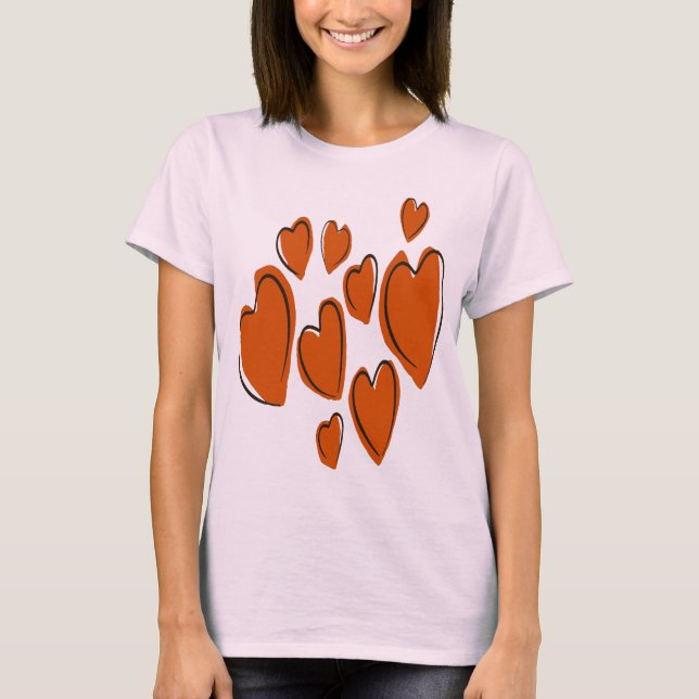 Cute Hearts Hand Drawn Orange Romantic Doodle T Shirt (Framsida)
