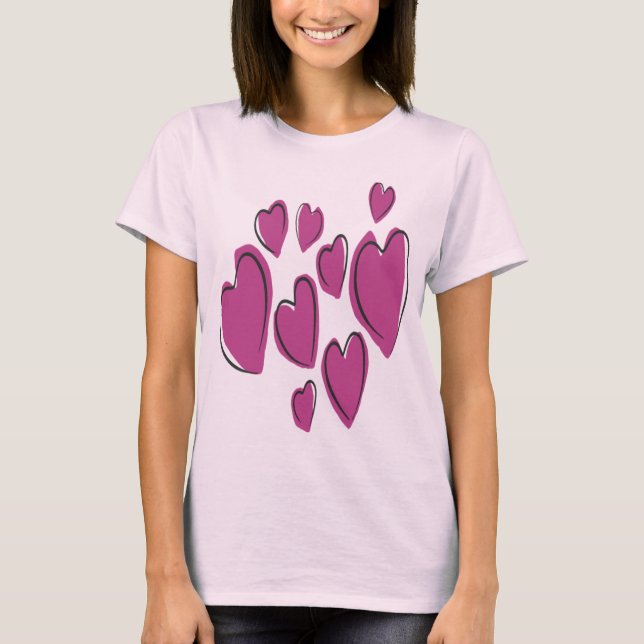 Cute Hearts Hand Drawn Pink Romantic Doodle T Shirt (Framsida)