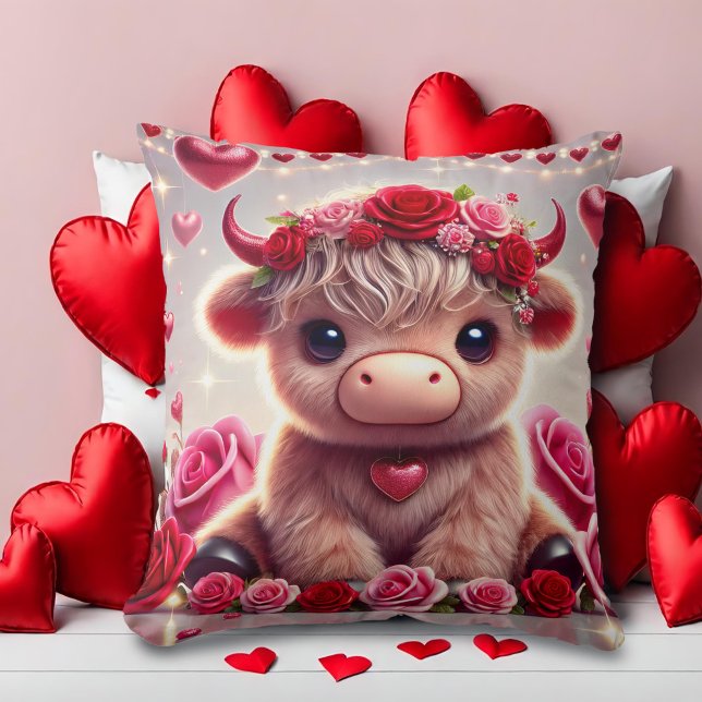 Cute Hearts Highland Cow-Valentineser Kudde (Skapare uppladdad)