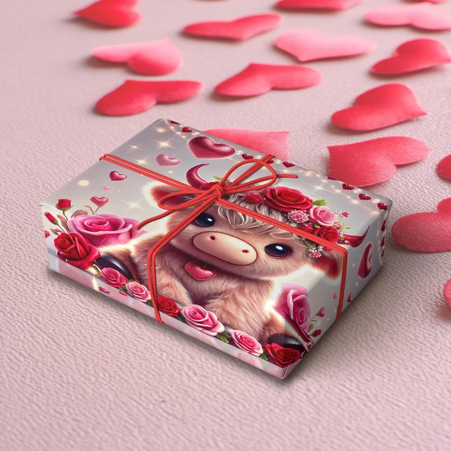 Cute Hearts Highland Cow-Valentineser Presentpapper (Skapare uppladdad)