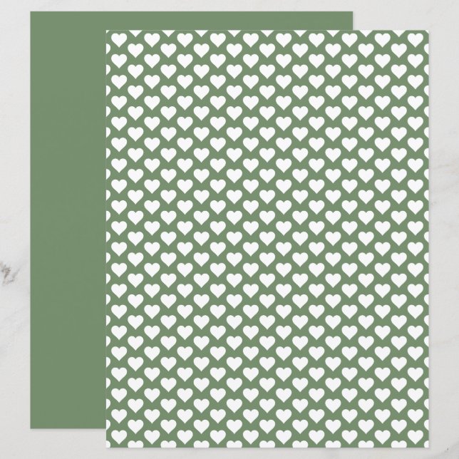 Cute Hearts Mönster Sage Grönt Scrapbook Papper (Fram/baksida)