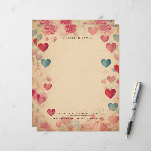 Cute Hearts Vintage Valentines day Personized Brevhuvud (Fram/Back In Situ)