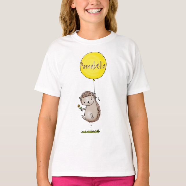 Cute hedgehog and balloon tecknad mönster t shirt (Framsida)