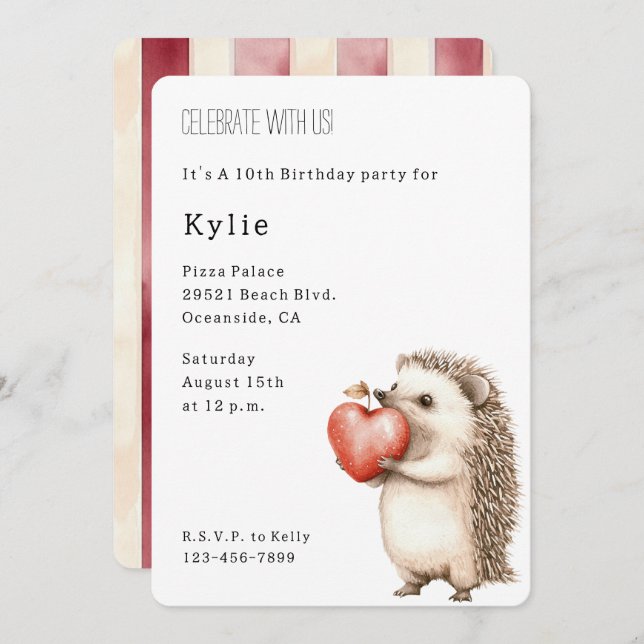 Cute Hedgehog Animal Heart Birthday Inbjudningar (Fram/baksida)