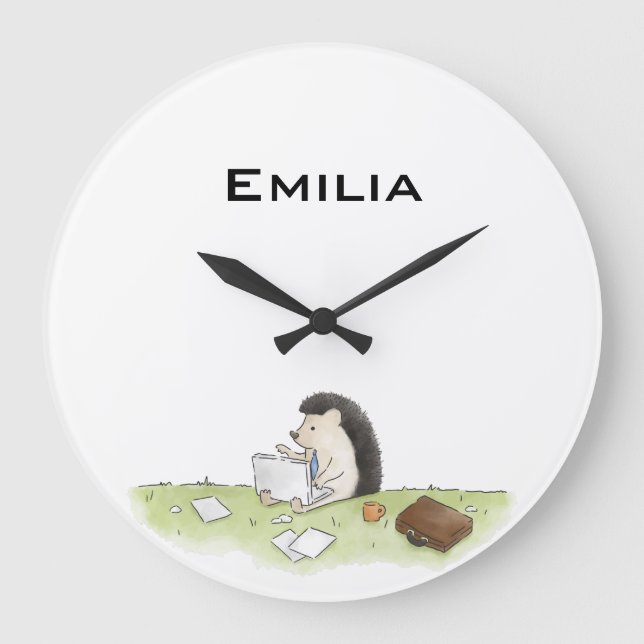 Cute Hedgehog Animal med Computer Färg Stor Klocka (Framsida)