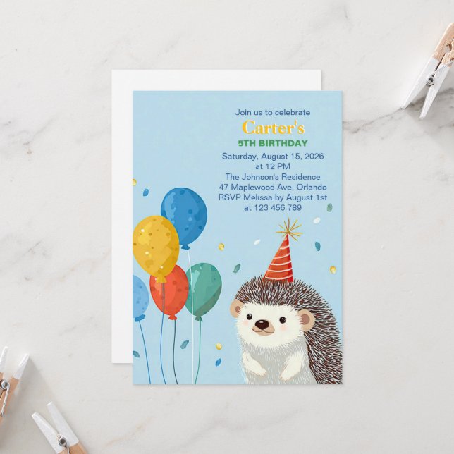 Cute Hedgehog Birthday Party Invitation Inbjudningar (Fram/Back In Situ)