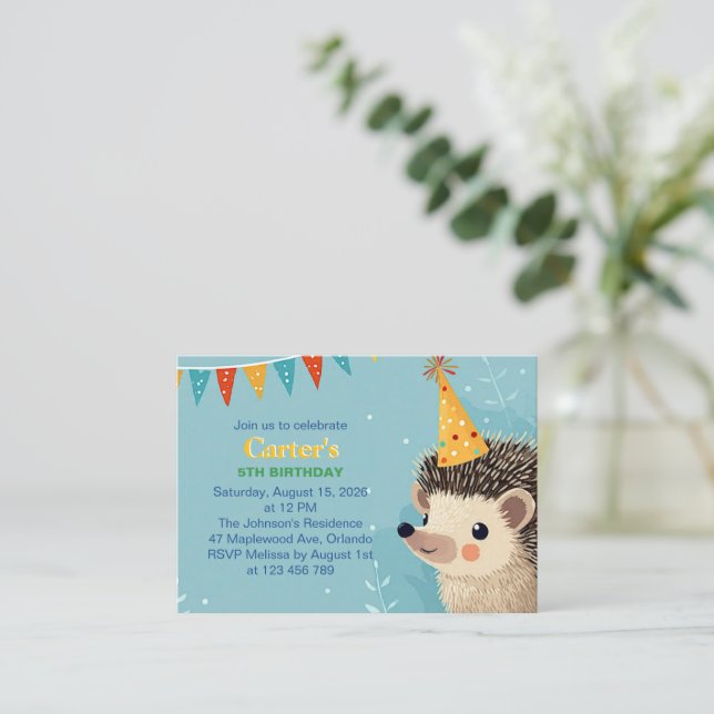 Cute Hedgehog Birthday Party Invitation Tilläggskort (Stående Fram)