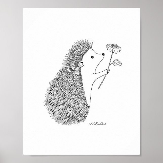 Cute Hedgehog Bläck Teckning Poster Woodland Anima (Framsidan)