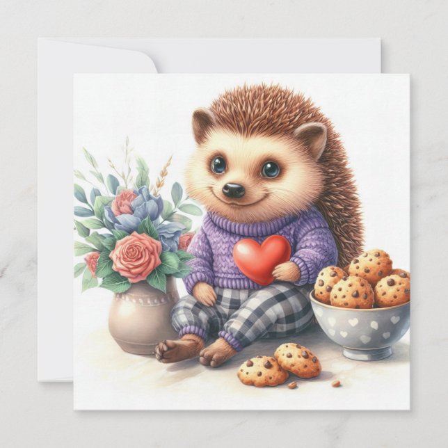 Cute Hedgehog Blommigt Cookies Valentine Julkort (Framsida)