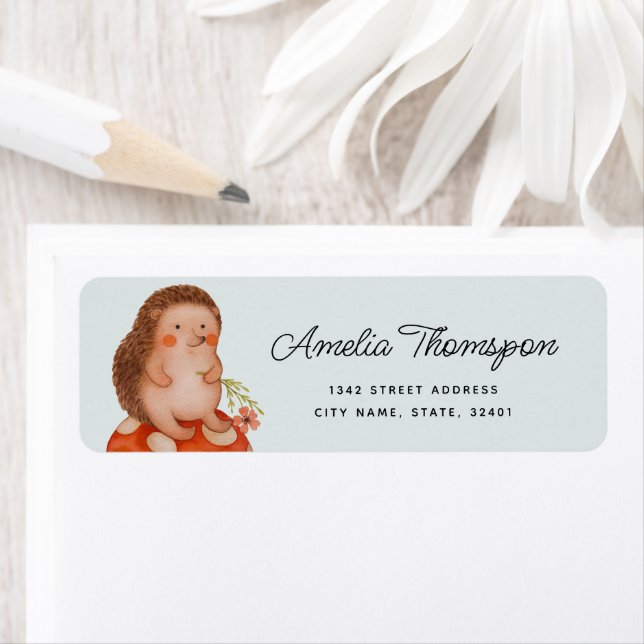 Cute Hedgehog Blue Baby Shower Returadress Etikett (Insitu)