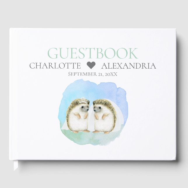Cute Hedgehog Brides Lesbisk Gay Couple Bröllop Gästböcker (Framsida)