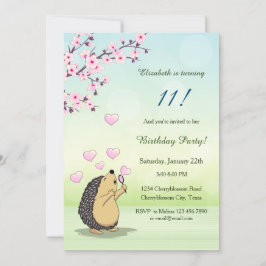 Cute Hedgehog Cherry Blommar Girl Birthday Inbjudningar