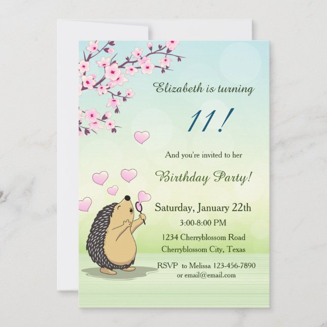 Cute Hedgehog Cherry Blommar Girl Birthday Inbjudningar (Framsida)