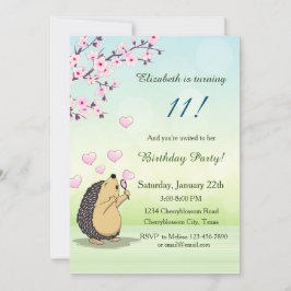 Cute Hedgehog Cherry Blommar Girl Birthday Inbjudningar