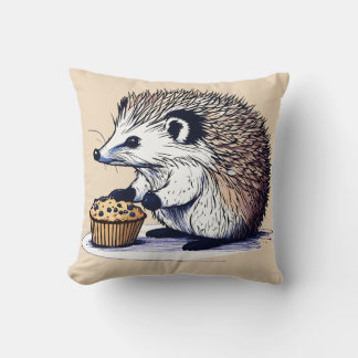 Cute Hedgehog Enjoying a Blueberry Muffin Pillow D Kudde